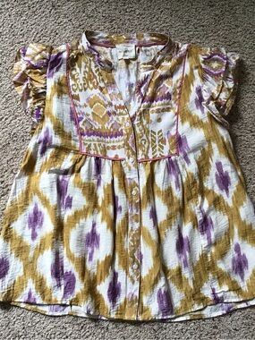 Umgee White, Mustard & Purple Printed Flutter Sleeve Blouse